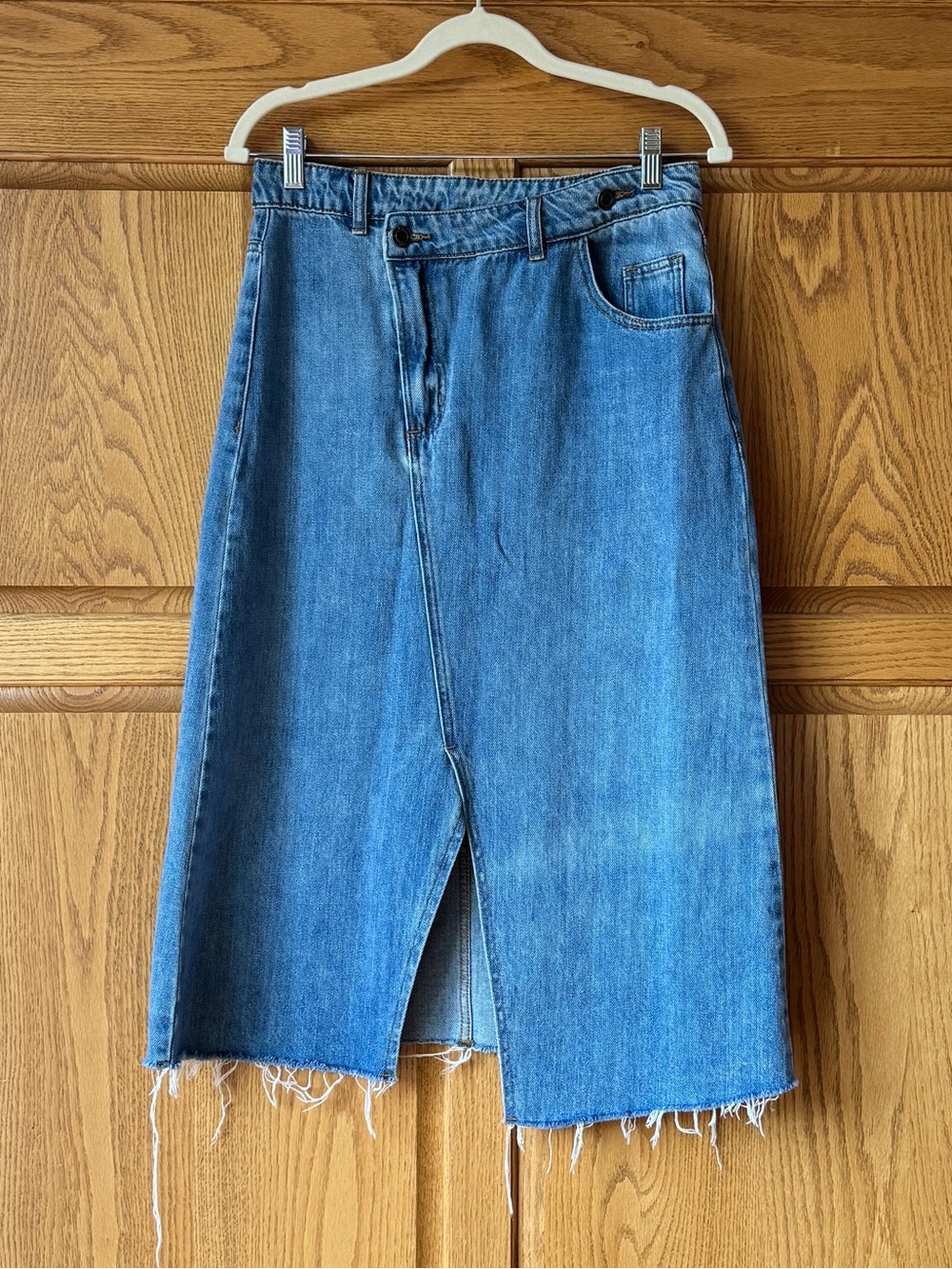 Y2K Denim Midi Skirt Raw Hem Front Slit Women’s XL